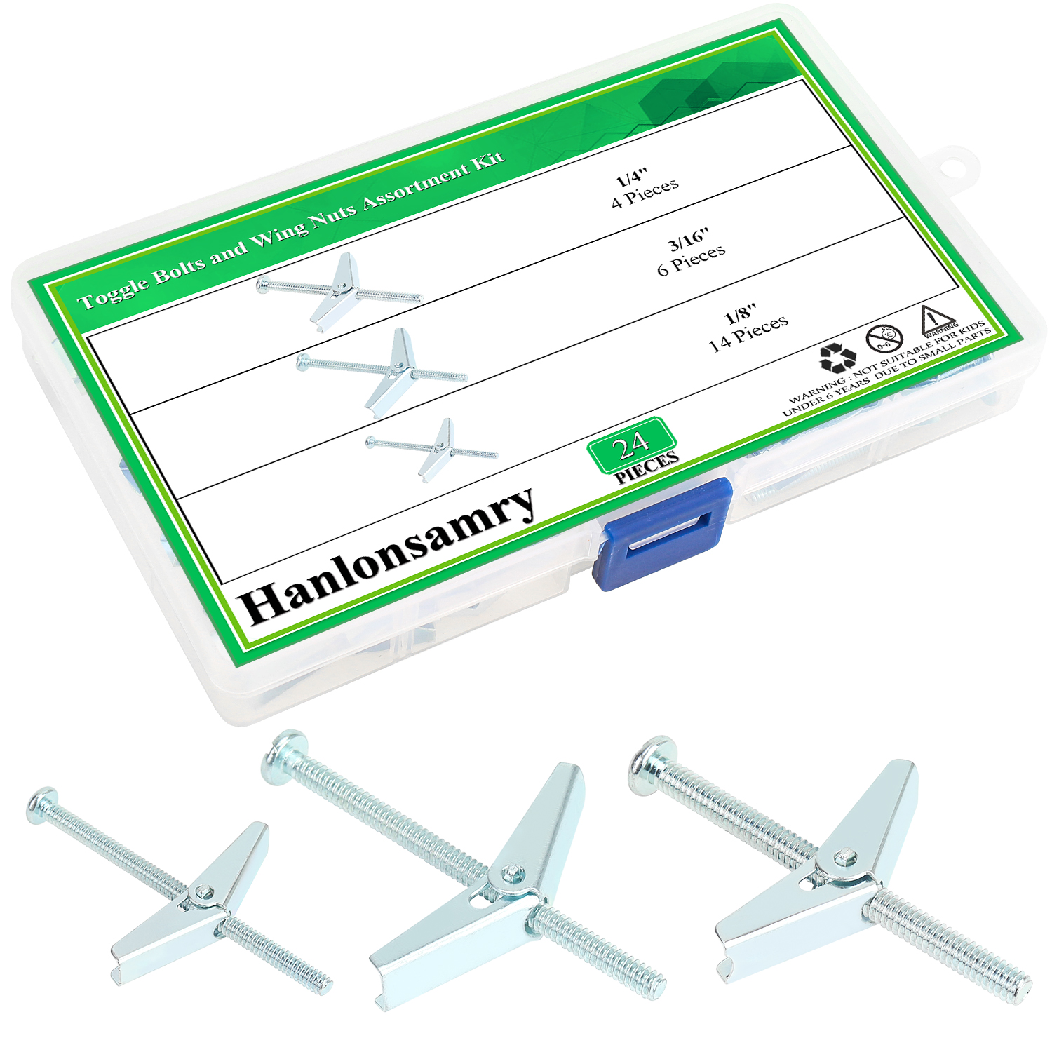 Hanlonsamry 24PCS Toggle Bolts and Wing Nuts for Hanging Heavy Items on Drywall - 1/8 Inch, 3/16Inch, 1/4Inch